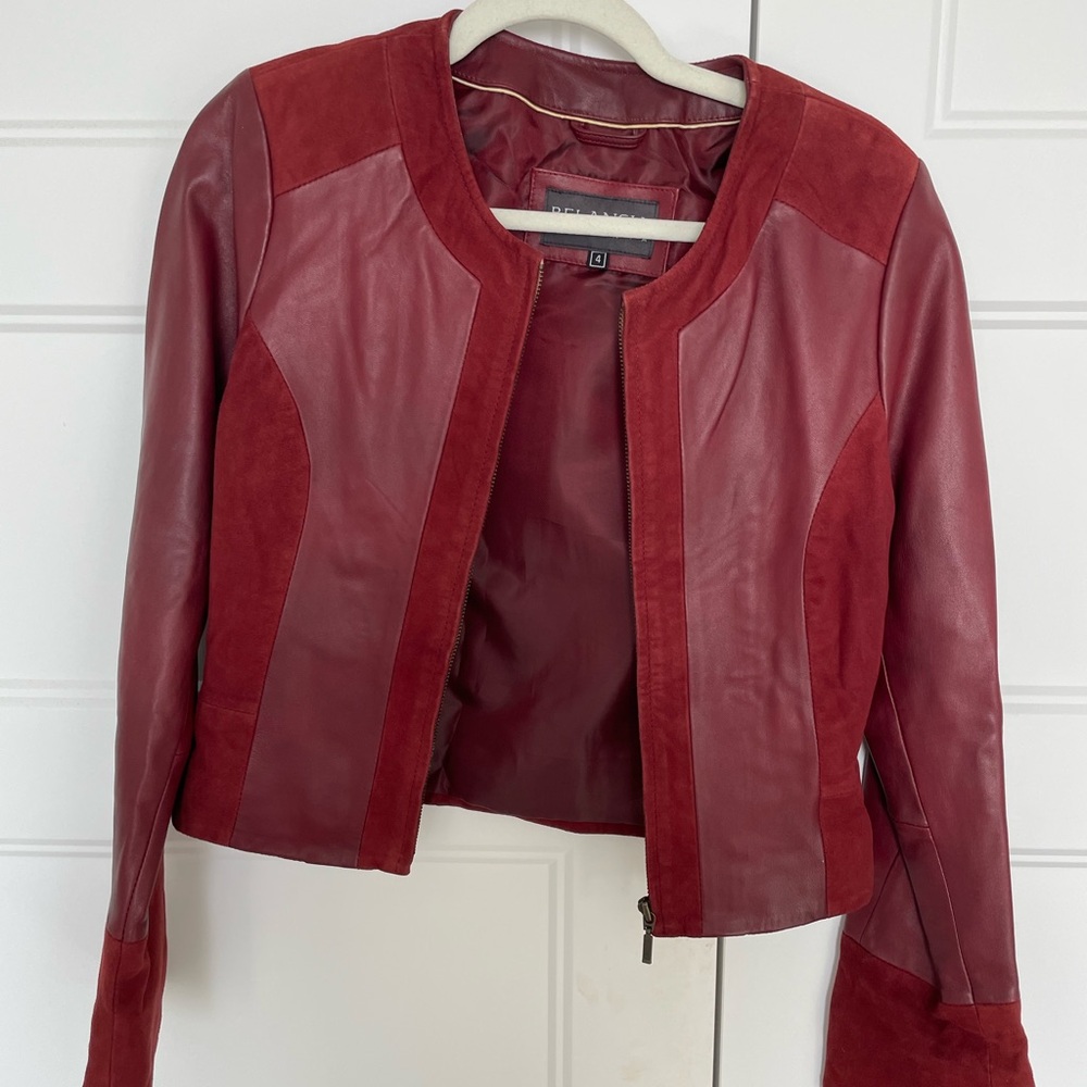 Women's Burgundy Leather & Suede Zip-Front Jacket